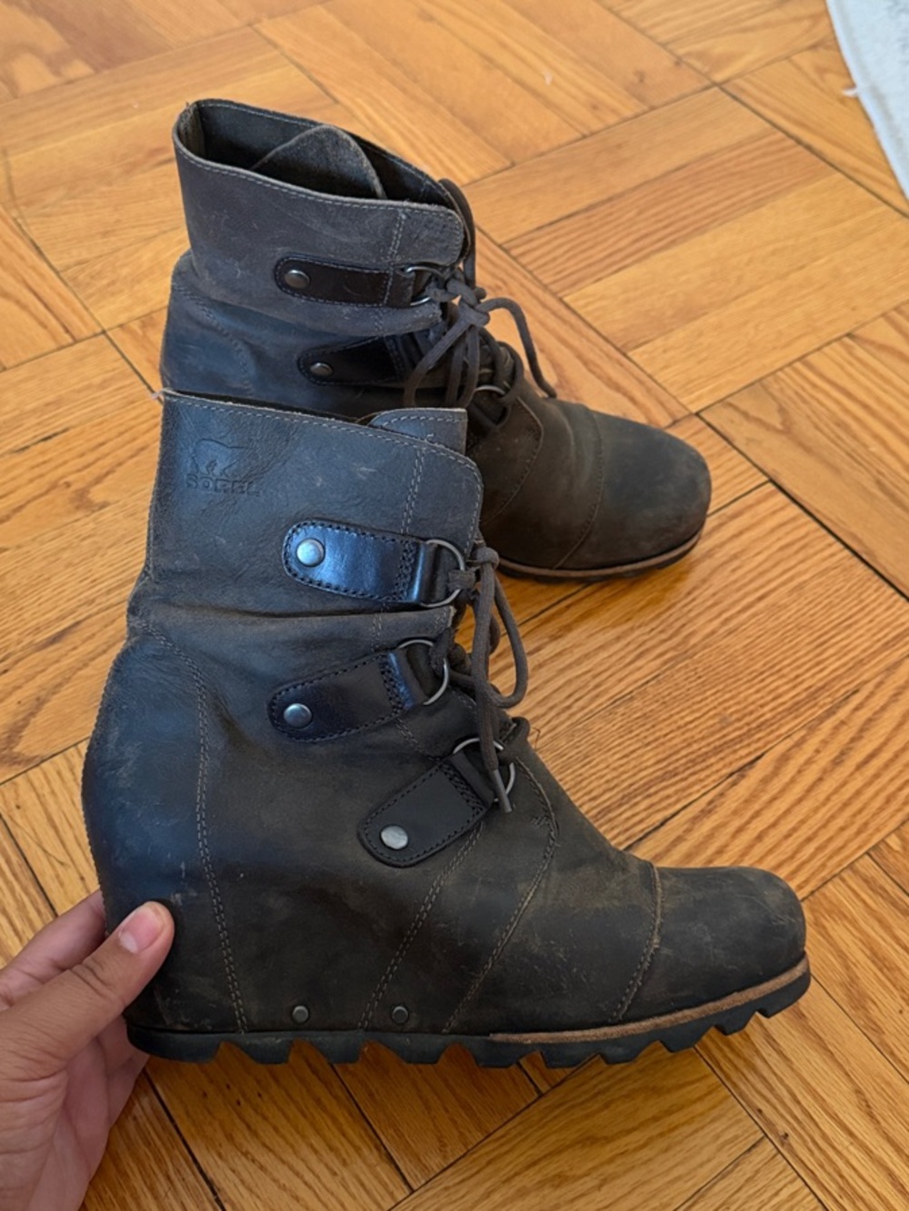 Sorel Brown Lace-Up Wedge Ankle Boots - Picture 3 of 11